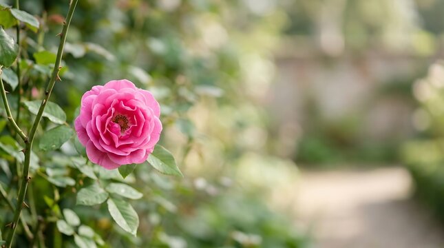Vibrant pink rose blooming in a lush green garden