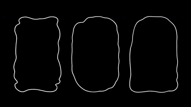Alpha channel loopable 2D vintage frame animation. Isolated minimalist white line art icons borders with wavy edges. Chalk sketch with vibrating lines and wiggly doodle effect graphic overlay.