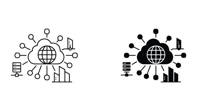Global cloud computing network infrastructure icon depicting server connectivity and urban data center integration for distributed enterprise technology and scalable internet storage solutions