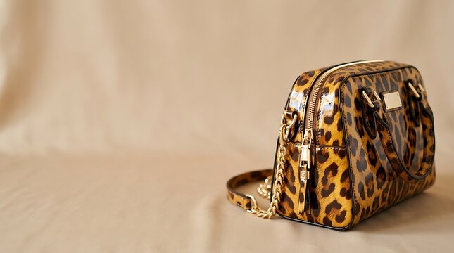 Stylish leopard print handbag with gold hardware on beige background