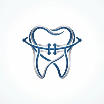Modern Dental Logo Design Featuring a Stylized Tooth with Orthodontic Braces and Orbiting Lines for Professional Oral Healthcare Branding
