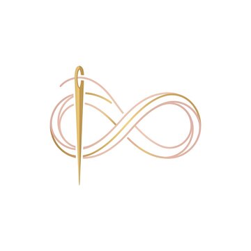 Elegant golden sewing needle with thread forming an infinity symbol, representing timeless tailoring and fashion design