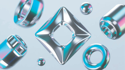 Abstract Chrome Object Illustration With Futuristic Geometric Shapes, Clean Premium Background Vector Design Template © Neon Whisper