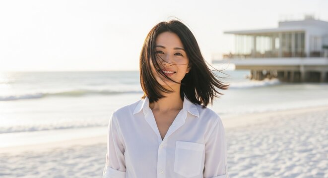 A cheerful young Asian woman with short hair wearing a white shirt smiling on a white sand beach near the ocean.