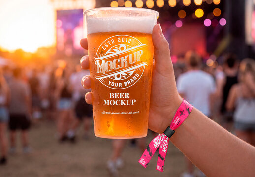 Hand Holding Beer Cup at Music Festival Mockup