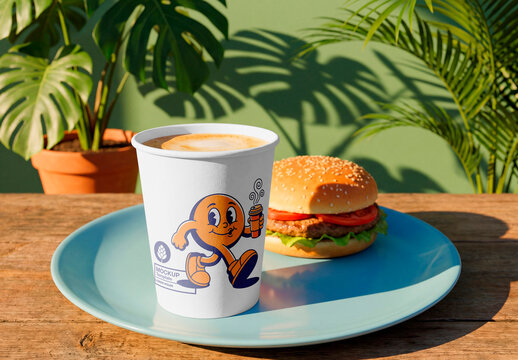 Paper coffee cup mockup with burger on table