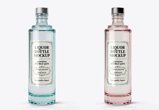 Transparent glass bottle mockup with blank label