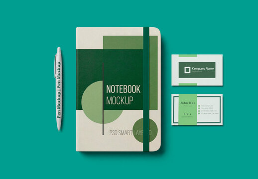 Notebook And Business Cards Flat Lay Mockup
