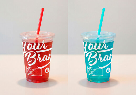 Plastic cup mockup with red drink and straw