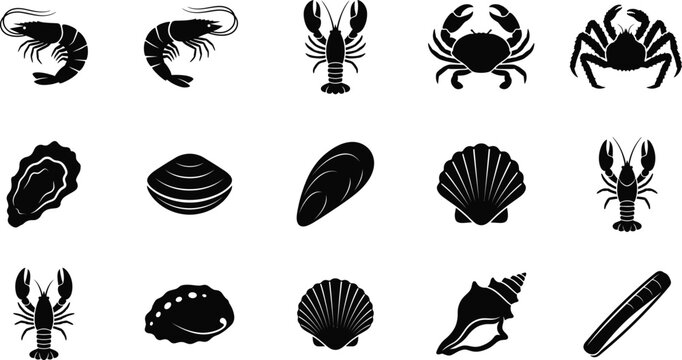 Shellfish Silhouette Icons Vector Set Shrimp Lobster Crab Oyster Clam Scallop Mussel