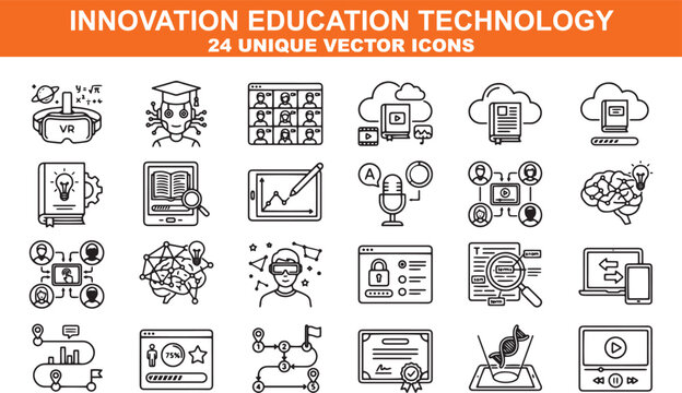 Innovation education technology icon set. online learning system development line icons. vr headset virtual reality innovation.