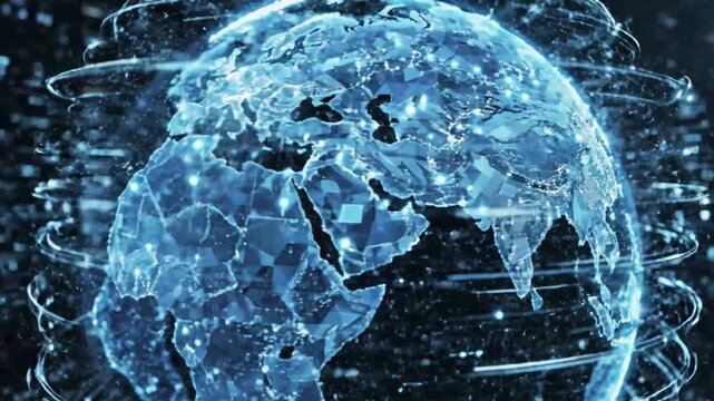 Digital Earth hologram surrounded by glowing network data points.