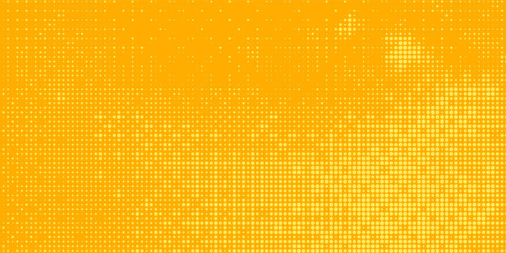 Yellow orange bitmap pixel texture. Dotted dither gradient pattern background. 8 bit halftone faded pop art gradation wallpaper. Vanishing raster video arcade game backdrop for banner, poster. Vector