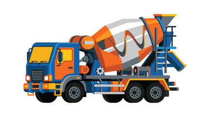 Naklejka premium Modern orange and blue concrete mixer truck flat vector icon isolated on white background for construction industry use