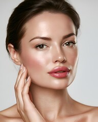 Obraz premium Close-up beauty portrait of a young woman with glowing healthy skin and natural makeup touching her face