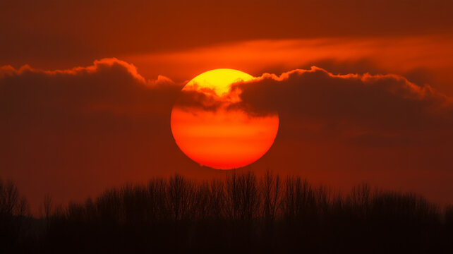 Large orange sun setting behind dark tree line and clouds with silhouette landscape twilight outdoors atmosphere wilderness sunlight contrast abstract