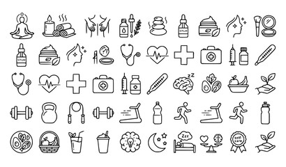 Naklejka premium Wellness Self Care and Healthcare Line Art Vector Icon Set Editable Stroke