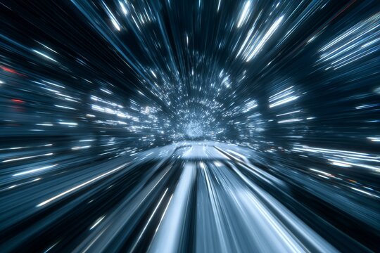 Futuristic light speed travel concept with dynamic motion blur and glowing streaks in a tunnel. Abstract sci fi background captures the sensation of high velocity and digital acceleration