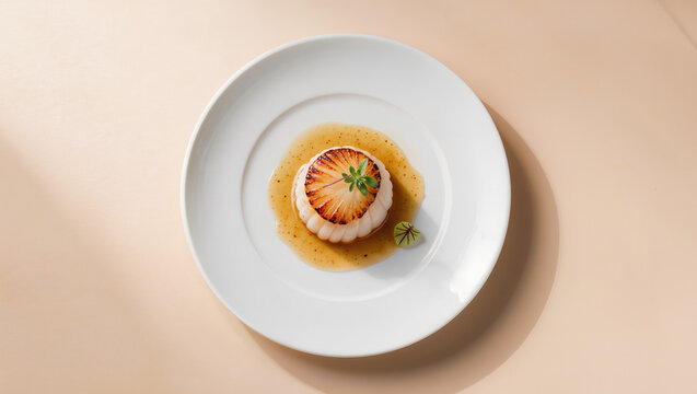 Perfectly caramelized scallop centered on a white porcelain plate with delicate herb garnish in a minimalist Michelin-style fine dining composition.