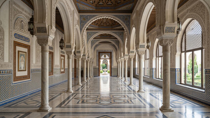 Obraz premium Elegant Islamic gallery corridor with decorative arches, polished marble flooring, symmetrical architecture, and sophisticated Middle Eastern design elements.