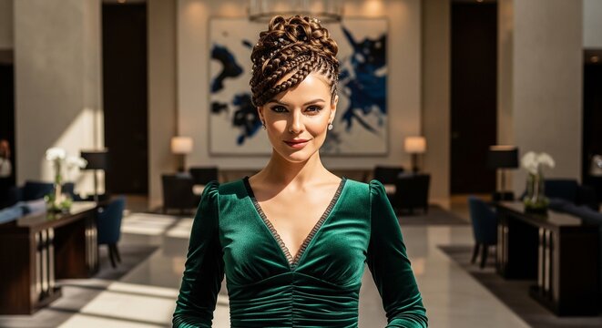 A beautiful elegant woman in a dark green velvet dress with a creative braided updo hairstyle standing in a luxury hotel lobby
