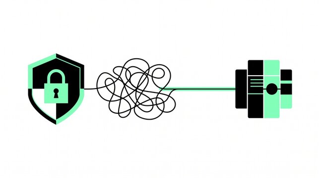 Minimalist flat vector illustration of a security shield and padlock untangling messy lines connected to a data server, representing data encryption and cybersecurity