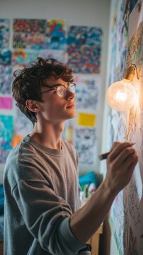 Young creative artist with glasses draws intricate designs on a large wall canvas in a colorful studio. Focused male illustrator works under warm lighting, surrounded by vibrant artwork inspiration