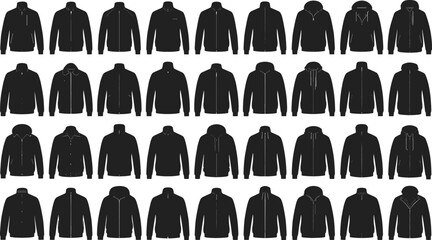 Men Jacket and Winter Outerwear Silhouette Vector Icon Set with Hoodie, Windbreaker, Coat, and Bomber Zipper Graphics for Fashion Retail Apps and Apparel Brand Layouts © Abdul