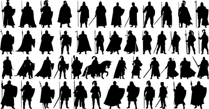 Medieval Knight and Warrior Silhouette Vector Icon Set featuring Ancient Soldiers, Guards, and Roman Gladiators for Fantasy Gaming Logos and Historic Branding