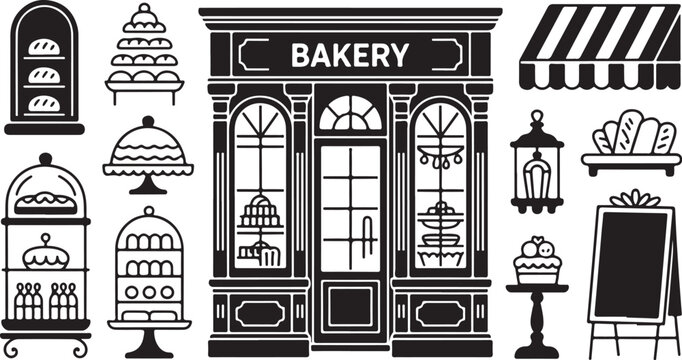 Bakery, cake shop, pastry store icons, black and white, vector graphics