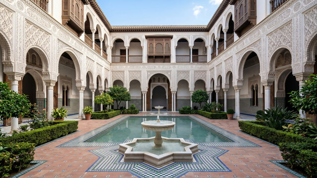 Traditional Moorish palace courtyard featuring a decorative fountain, elegant arcades, symmetrical landscaping, and timeless Islamic-inspired architecture.