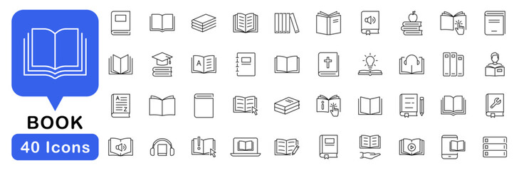 Book icon set. Reading icons in line style. Editable web icons for education, study, learning, science, library etc. Vector illustration. © TMvectorart
