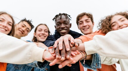 Obraz premium Diverse group of young adults stacking hands together outdoors, smiling with a sense of connection and unity for community support and social themes