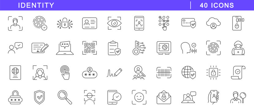 Identity icon set. Verification icons in line style. Editable web icons biometric, user security, verified account, privacy, safe access, secure login and data protection. Vector illustration.