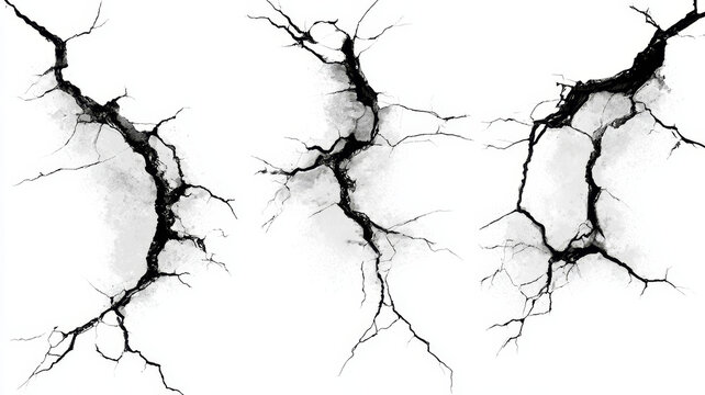 Black Grunge Crack Overlays with Rough Broken Edges on White Background