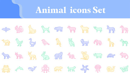 Obraz premium Cute Colorful Animal Outline Icons Set Pastel Wildlife, Farm, Pet and Marine Animals Vector Collection