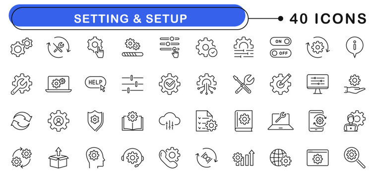 Setting icon set. Setup icons in line style. Editable web icons for statistics data, installation, configuration, service, customization, system update, maintenance, optionetc. Vector illustration.