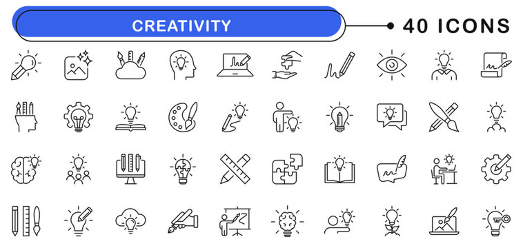 Creativity icon set. Innovation icons in line style. Editable web icons idea, invention, startup, inspiration, solution, brainstorming etc. Vector illustration.