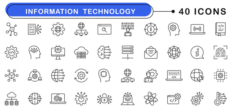Information technology icon set. IT icons in line style. Editable web icons server, software, network, computing, internet, data, web design, computer, website and technology. Vector illustration.