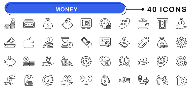 Money icon set. Finance icons in line style. Editable web icons wallet, cards, coins, moneybag, stash, cash, piggy bank etc. Vector illustration.