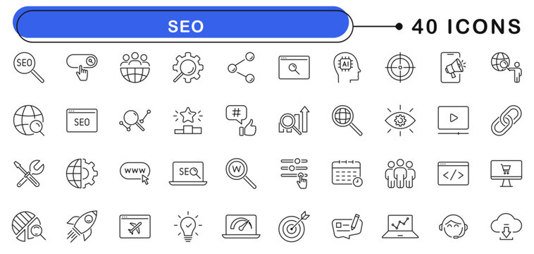 SEO icon set. Search Engine Optimization icons in line style. Editable web icons optimization, business, traffic, marketing, ranking and keyword etc. Vector illustration.