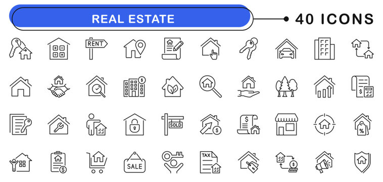 Real estate icon set. Property icons in line style. Editable web icons house, buying, renting, home, building, mortgage, address, renovation etc. Vector illustration.