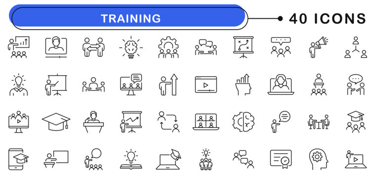 Training icon set. Coaching icons in line style. Editable web icons education, e-learning, mentoring, meeting, conference, online courses, skill development etc. Vector illustration.