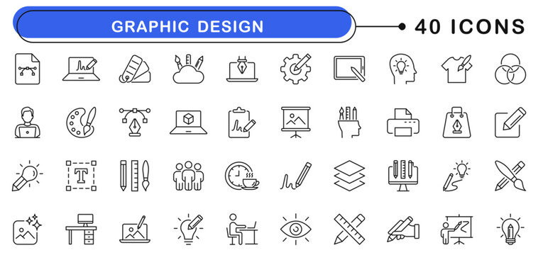 Graphic design icon set. Web design icons in line style. Editable web icons illustration, draw, portfolio, creativity, website, art, painting etc. Vector illustration.