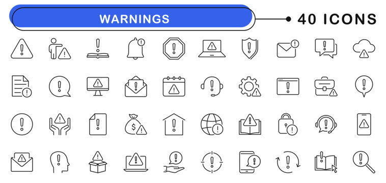Warnings icon set. Emergency icons in line style. Editable web icons caution, danger, alert notification, exclamation mark etc. Vector illustration.