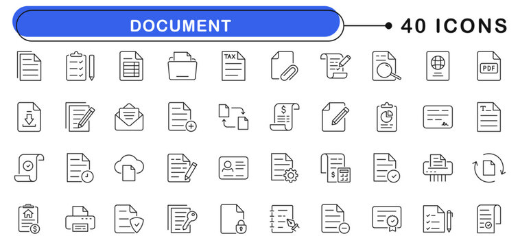Document icon set. File icons in line style. Editable web icons legal documentation, contract, signature, affidavit, certificate, folder,  invoice, archive etc. Vector illustration.