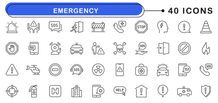 Emergency icon set. SOS icons in line style. Editable web icons emergency call, evacuation, help, ambulance, exit, emergency hotline etc. Vector illustration.