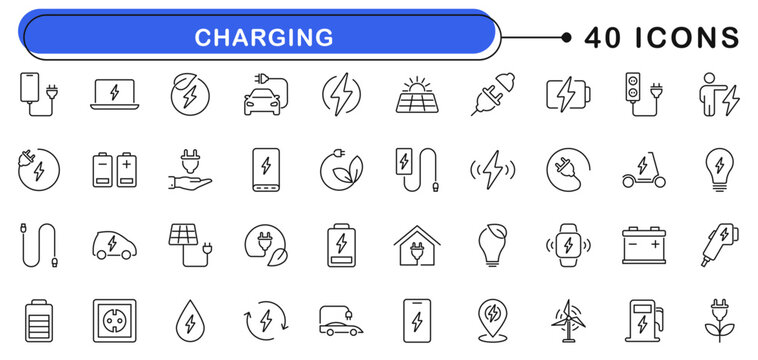 Charging icon set. Charge icons in line style. Editable web icons energy,  battery, electricity, electric car, charger, charge, recharge, charging station, power plug, cable power etc. Vector