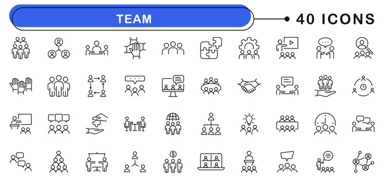 Team icon set. Teamwork icons in line style. Editable web icon cooperation, partnership, collaboration, work group, management, working together etc. Vector illustration.