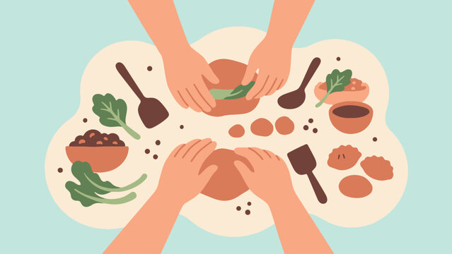 Top view illustration of hands preparing traditional street food dumplings with fresh dough
